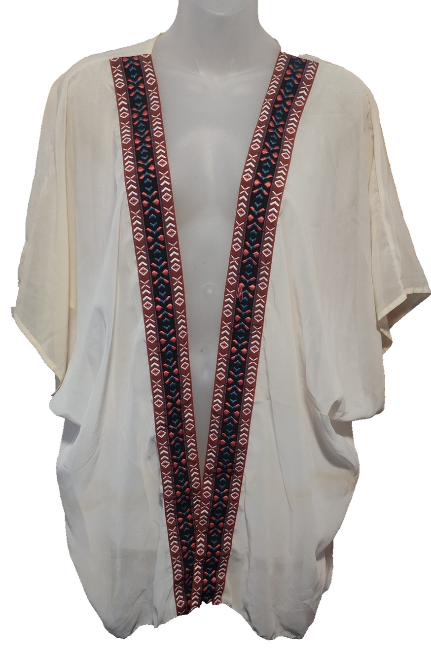 West Loop Women’s White Boho Embroidered Open Front Kimono Cardigan Size M BG40
